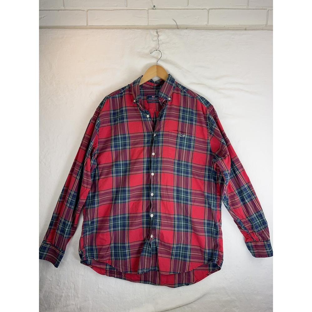 Vineyard Vines Shirt Mens Large Red Green Plaid Classic Fit Tucker Cotton Casual